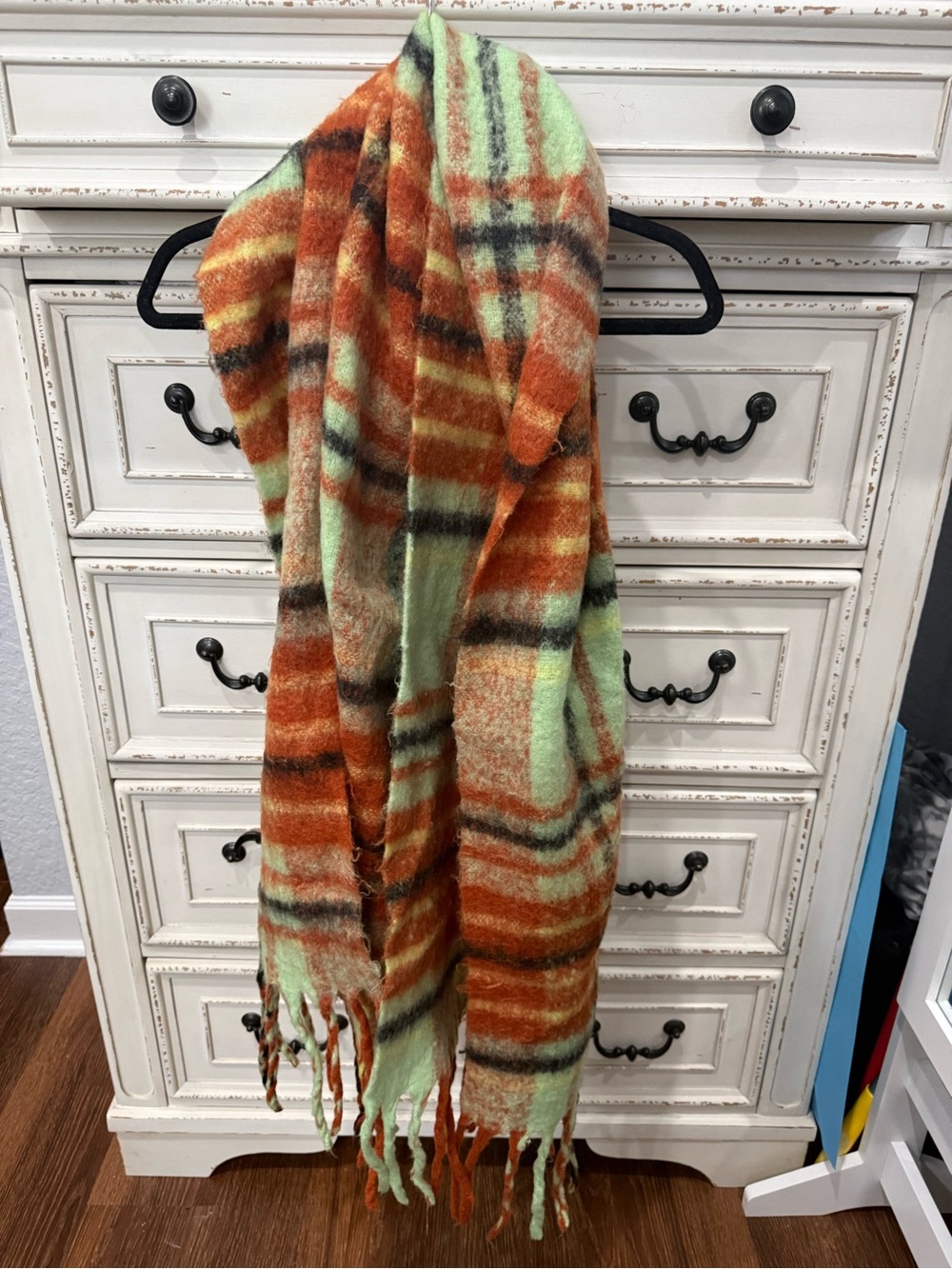 Cozy Plaid Fringe Oversized Scarf - Mint & Rust